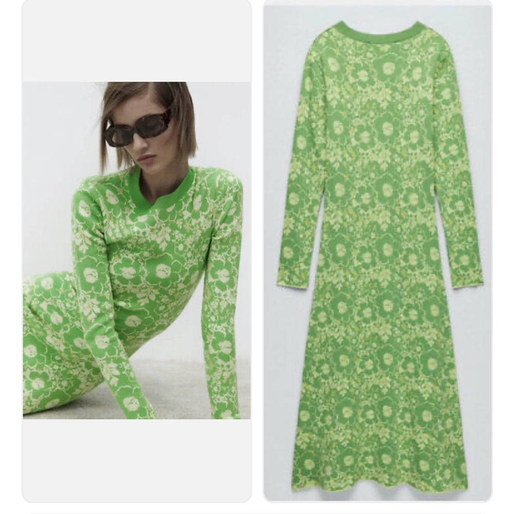ZARA WOMAN NWT NEON GREEN FLORAL JACQUARD LONG DRESS size S